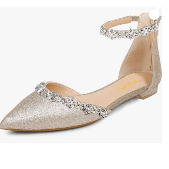 XYD Light Gold-glitter Pointed Toe D'Orsay Wedding Flat Sandals Sparkly Shoes - Picture 1 of 8